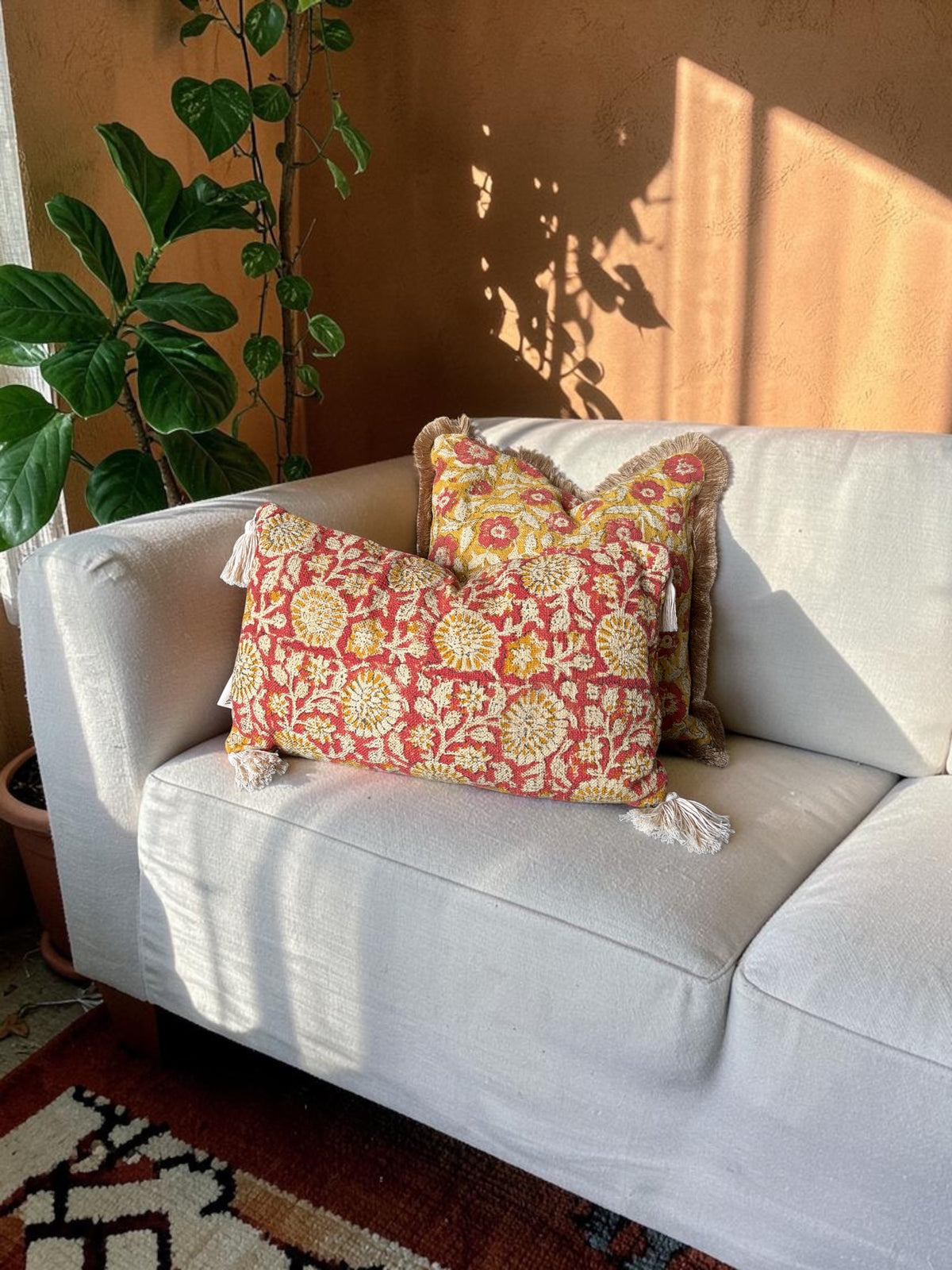 Handcrafted Cotton Block Print Cushion Cover with Tassels (50x30 cm)