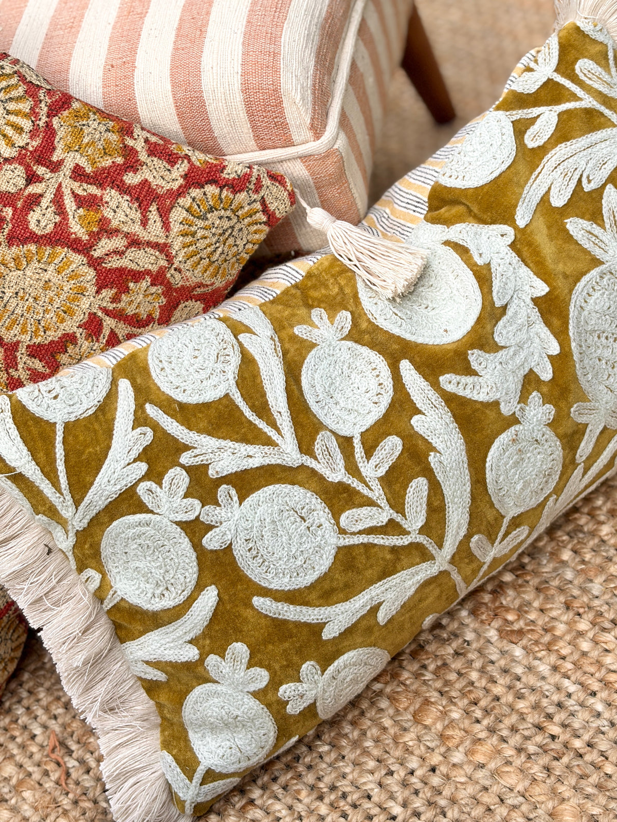 Handcrafted Velvet Embroidered Cushion Cover with Fringe & Striped Back (50x30 cm)