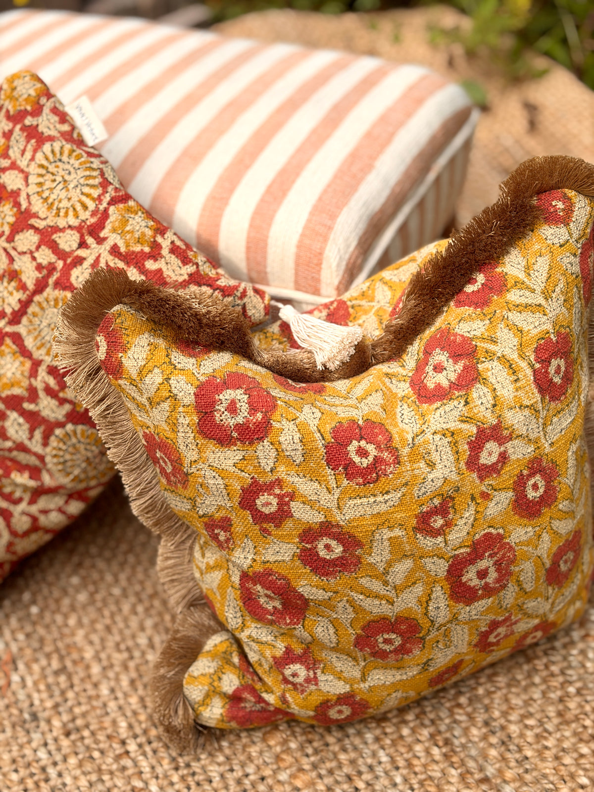 Handcrafted Cotton Block Print Square Cushion Cover with Full Fringe (45x45 cm)