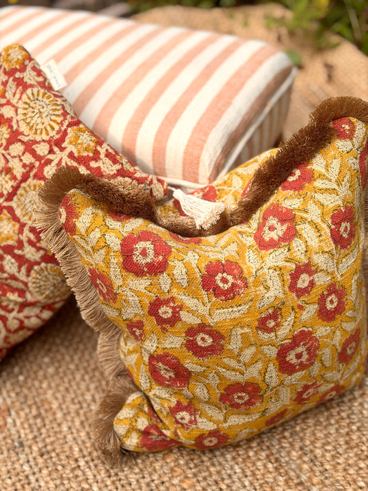Handcrafted Cotton Block Print Square Cushion Cover with Full Fringe (45x45 cm)