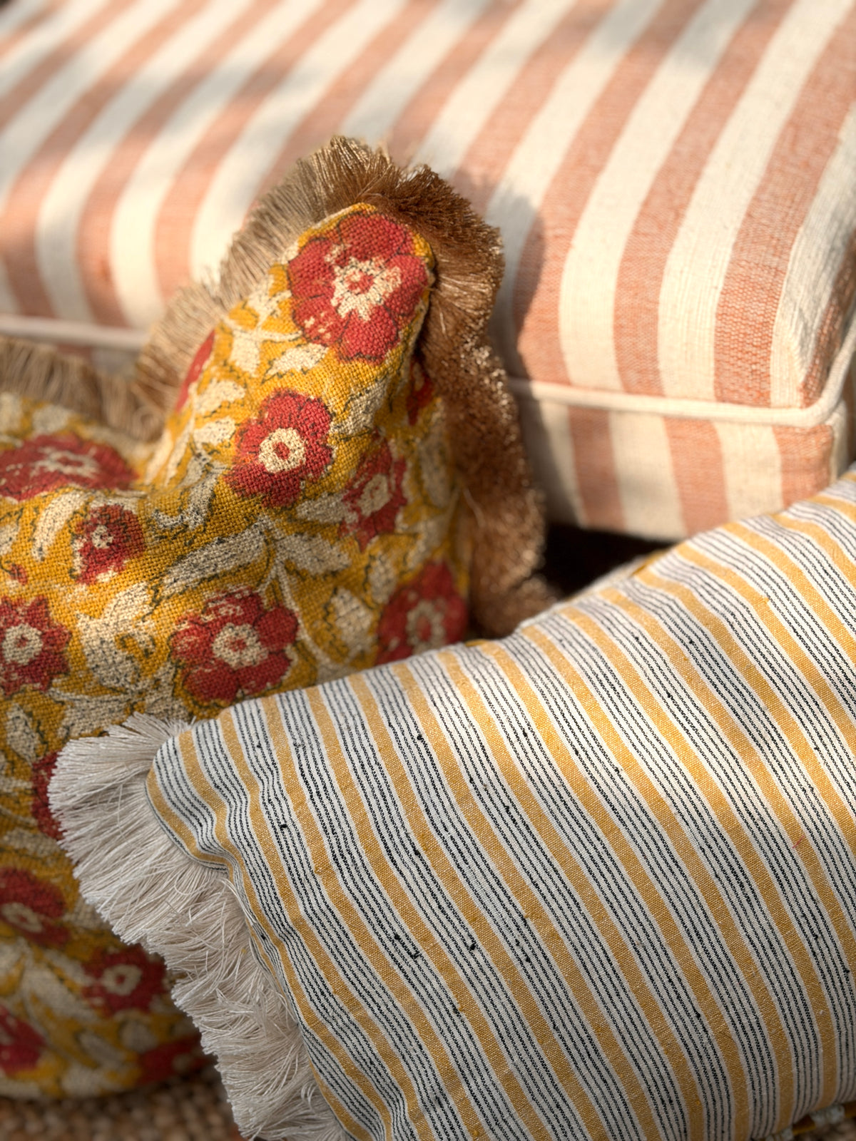Handcrafted Cotton Block Print Square Cushion Cover with Full Fringe (45x45 cm)