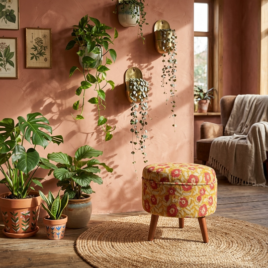 The Marigold Wooden Leg Pouf – Vibrant Autumn Edition
