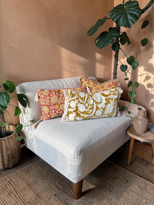 Handcrafted Velvet Embroidered Cushion Cover with Fringe & Striped Back (50x30 cm)