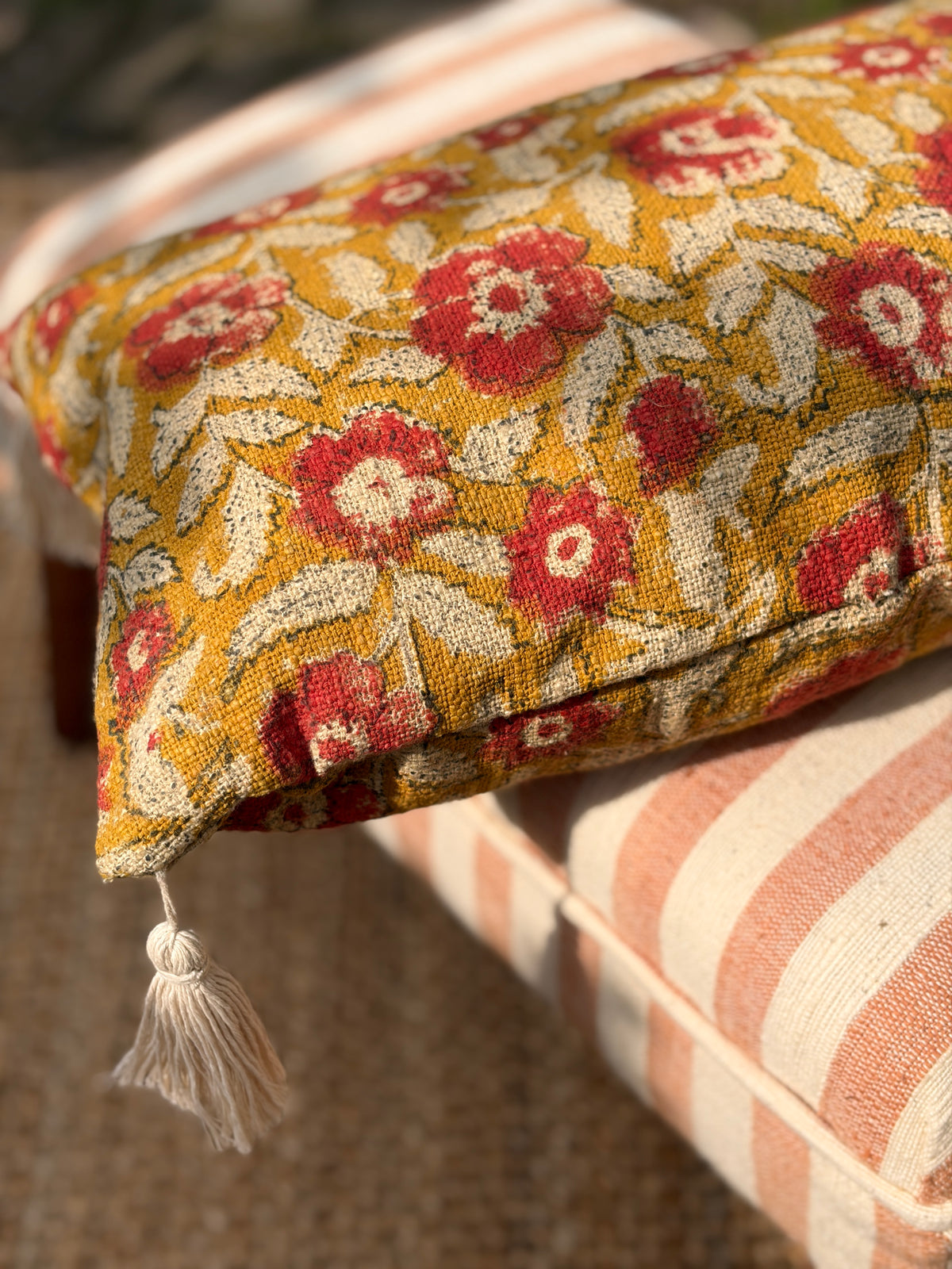 Handcrafted Cotton Block Print Cushion Cover with Tassels (50x30 cm)