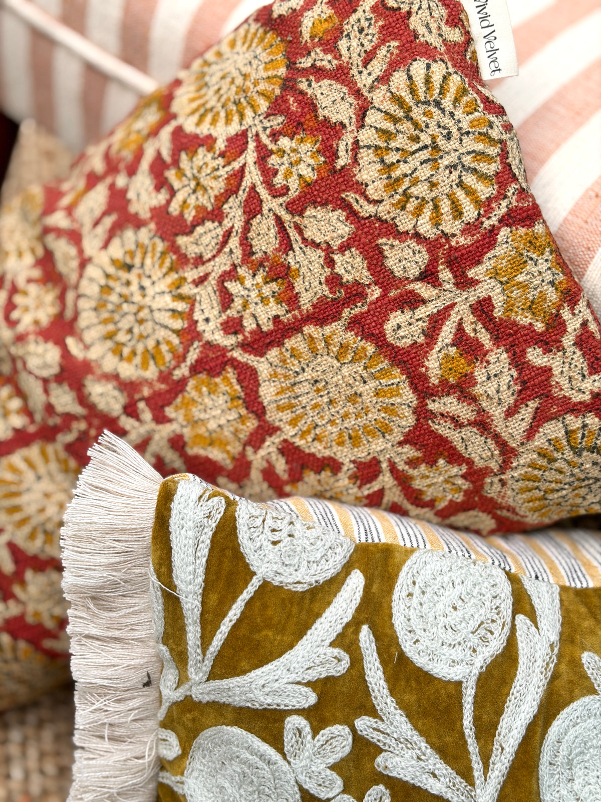 Handcrafted Velvet Embroidered Cushion Cover with Fringe & Striped Back (50x30 cm)