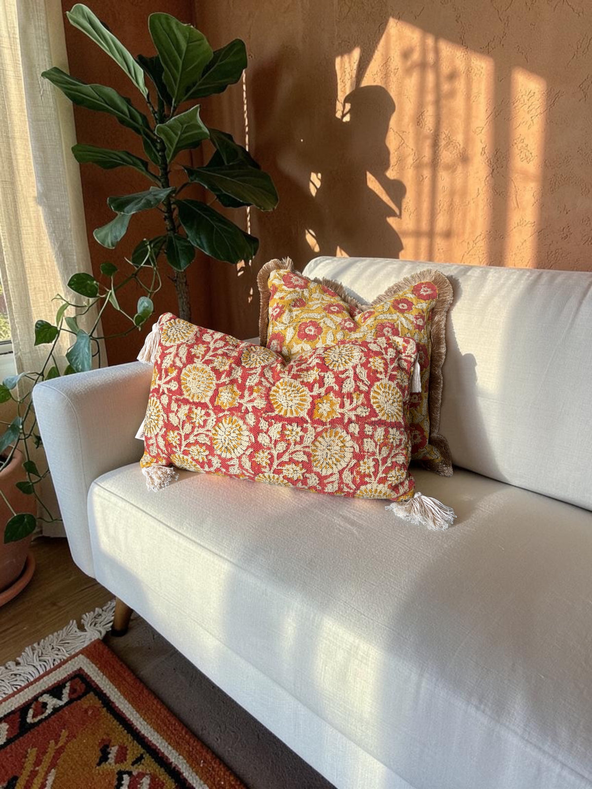 Handcrafted Cotton Block Print Square Cushion Cover with Full Fringe (45x45 cm)