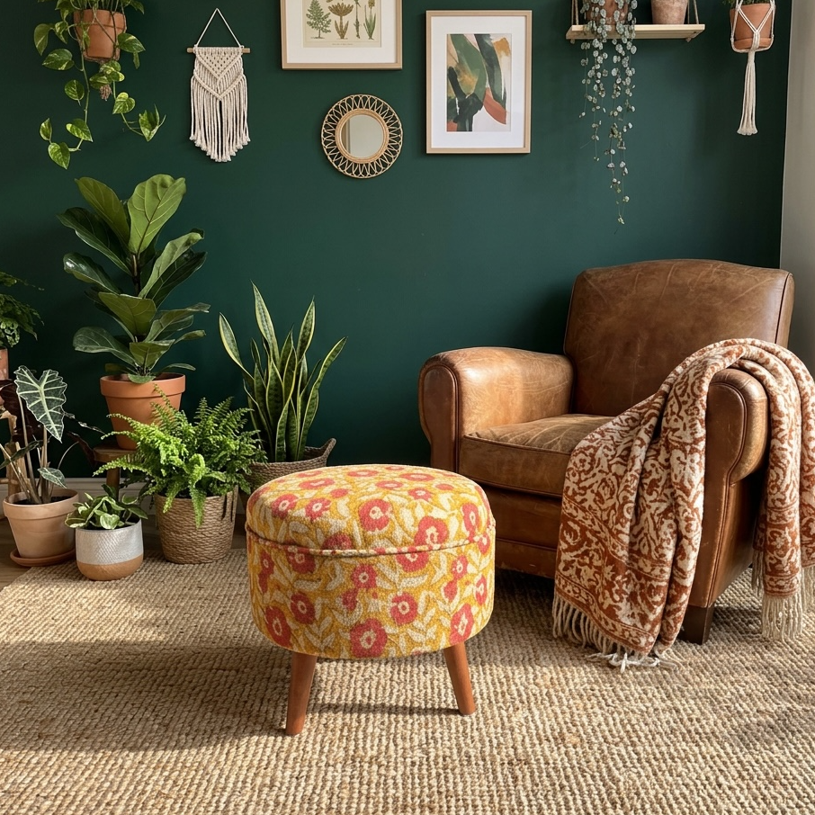 The Marigold Wooden Leg Pouf – Vibrant Autumn Edition