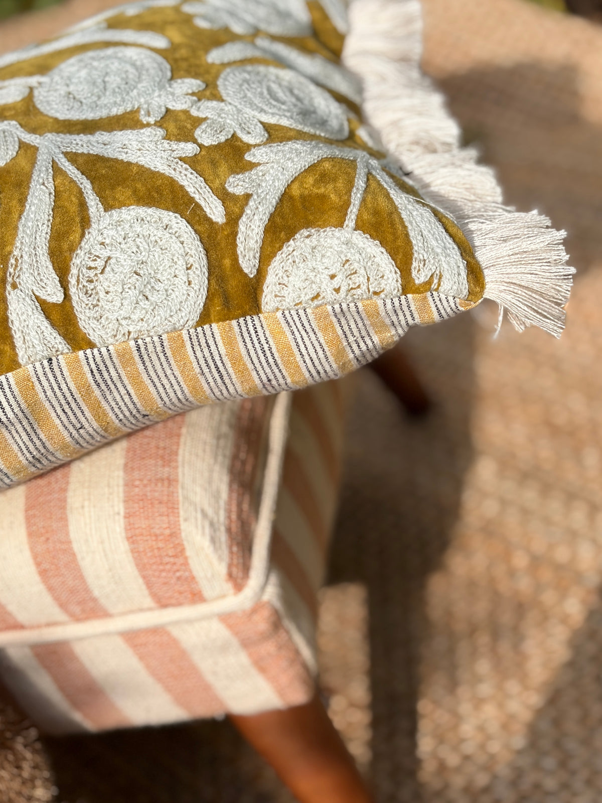 Handcrafted Velvet Embroidered Cushion Cover with Fringe & Striped Back (50x30 cm)