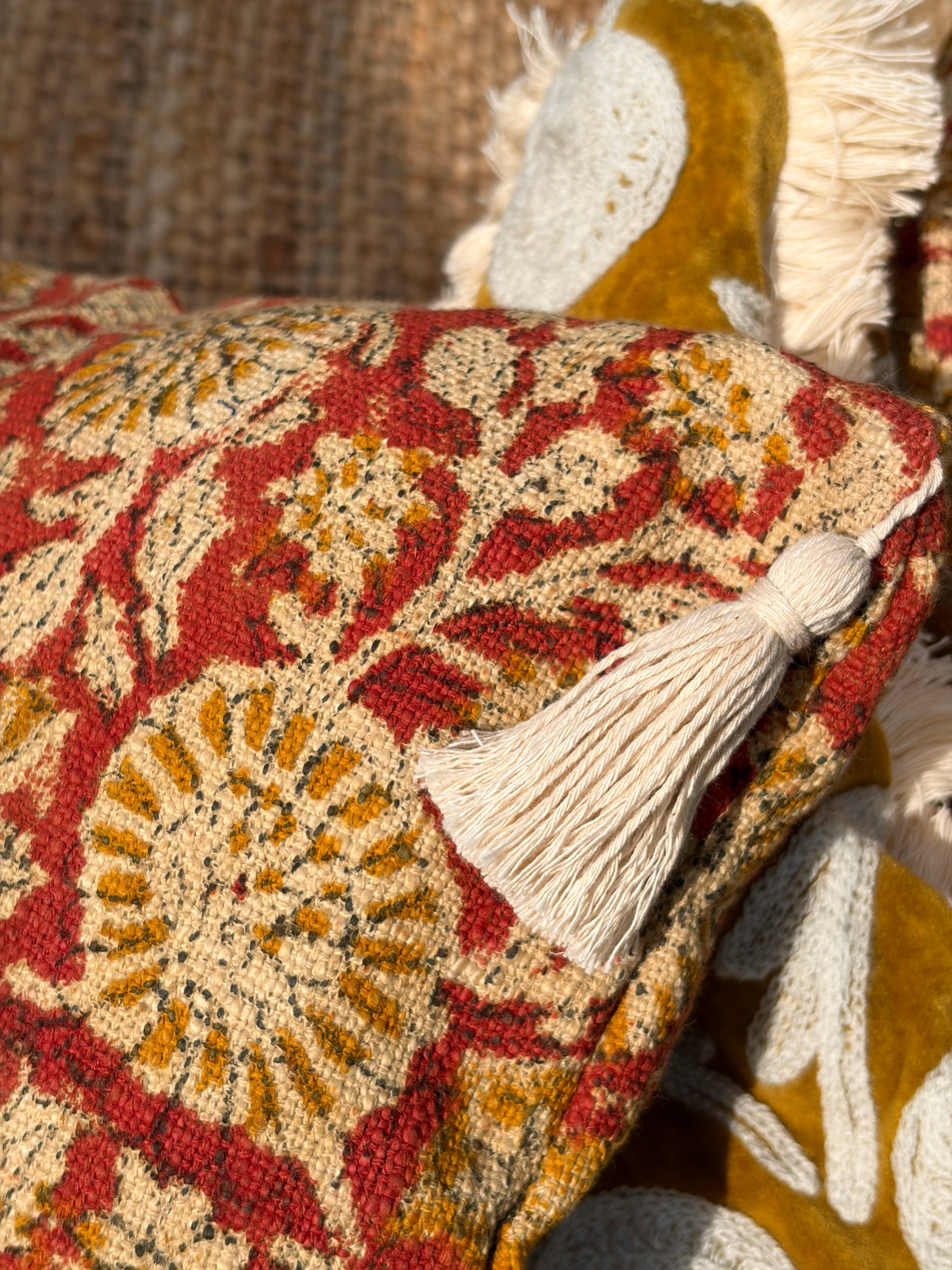 Handcrafted Cotton Block Print Cushion Cover with Tassels (50x30 cm)
