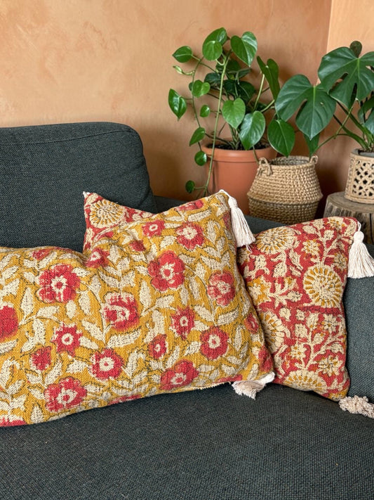 Handcrafted Cotton Block Print Cushion Cover with Tassels (50x30 cm)