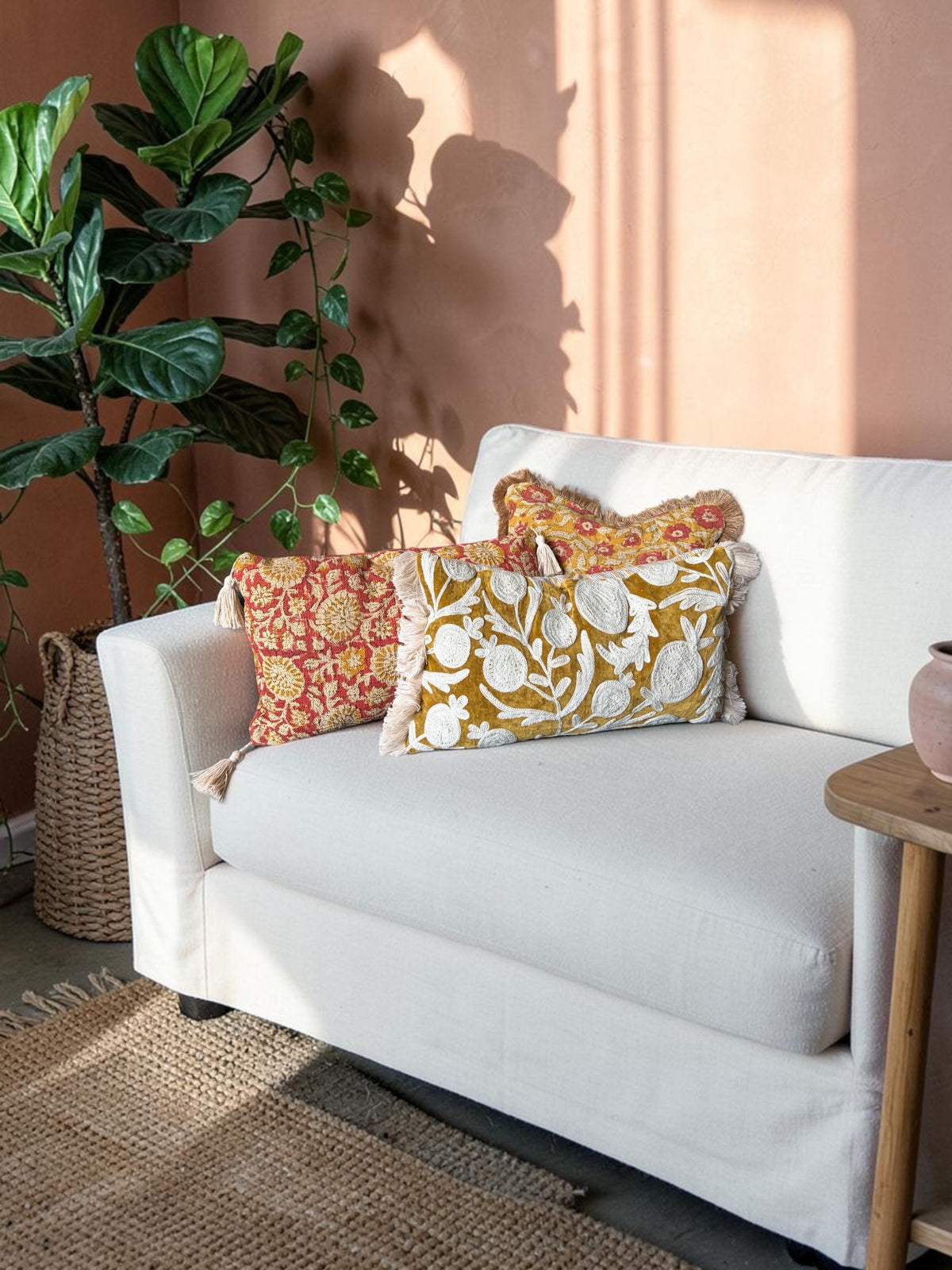 Handcrafted Velvet Embroidered Cushion Cover with Fringe & Striped Back (50x30 cm)
