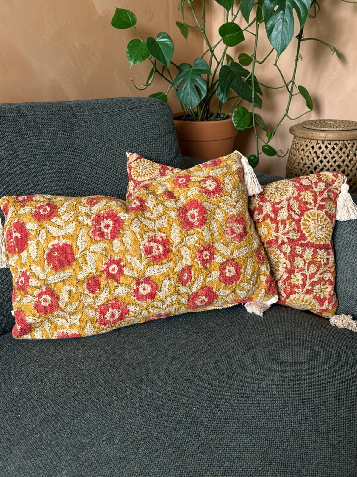 Handcrafted Cotton Block Print Cushion Cover with Tassels (50x30 cm)