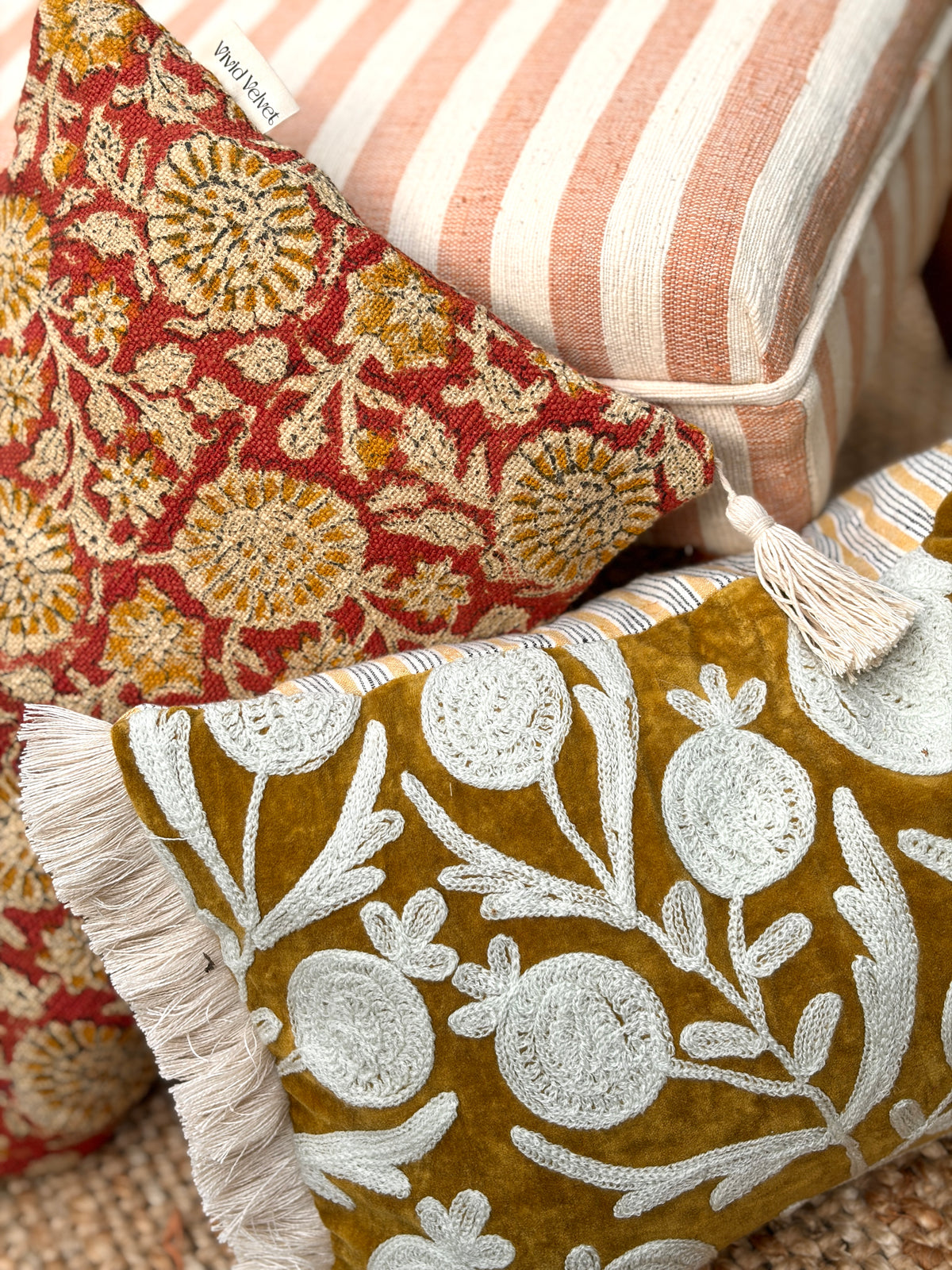 Handcrafted Velvet Embroidered Cushion Cover with Fringe & Striped Back (50x30 cm)