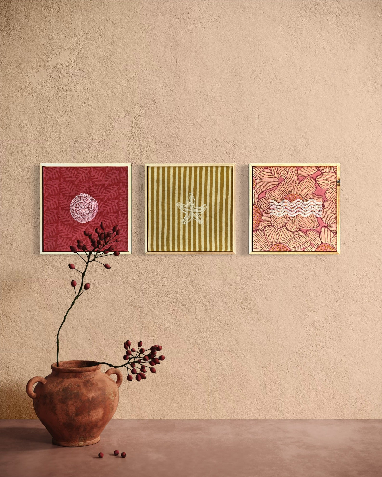Ocean Echoes Collection – Hand-Block Printed Wall Art (Set of 3)