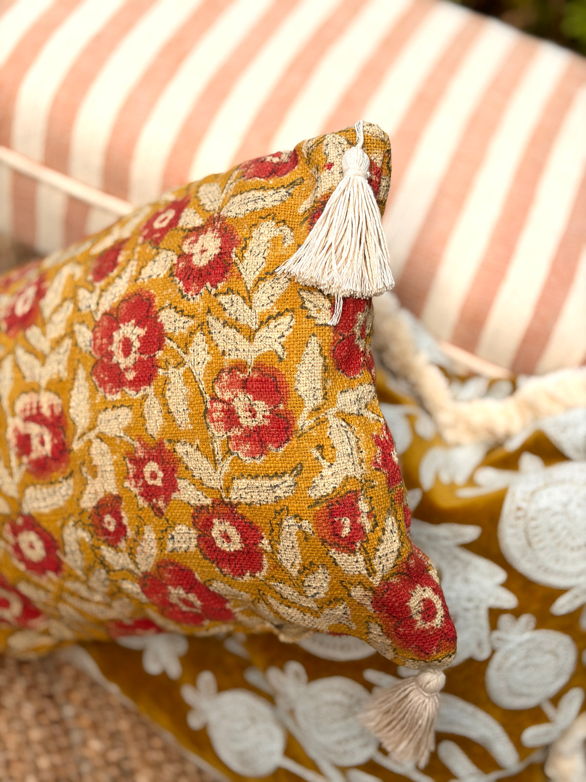Handcrafted Cotton Block Print Cushion Cover with Tassels (50x30 cm)