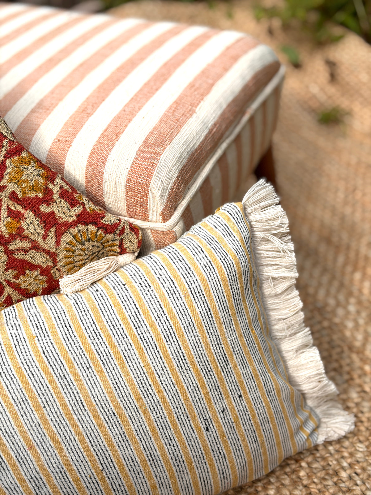 Handcrafted Velvet Embroidered Cushion Cover with Fringe & Striped Back (50x30 cm)
