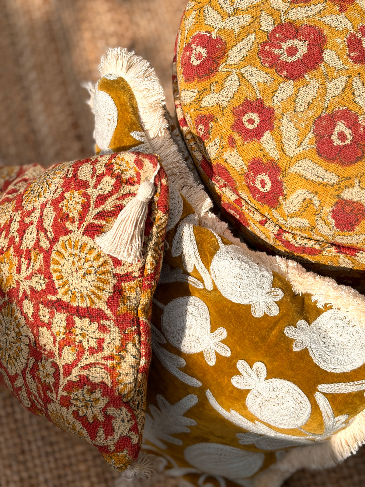 Handcrafted Cotton Block Print Cushion Cover with Tassels (50x30 cm)