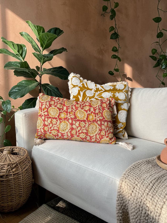 Handcrafted Velvet Embroidered Square Cushion Cover with Full Fringe (45x45 cm)