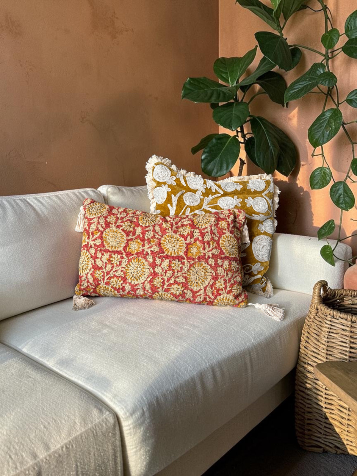 Handcrafted Cotton Block Print Cushion Cover with Tassels (50x30 cm)
