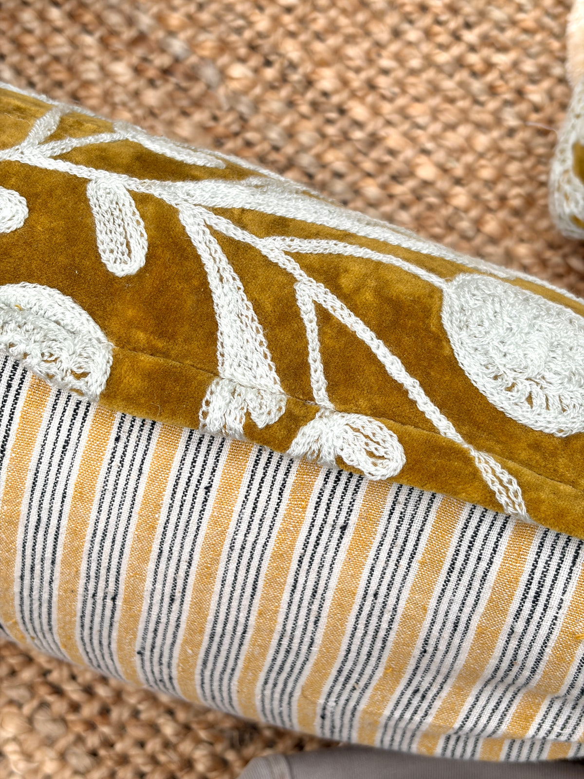 Handcrafted Velvet Embroidered Cushion Cover with Fringe & Striped Back (50x30 cm)