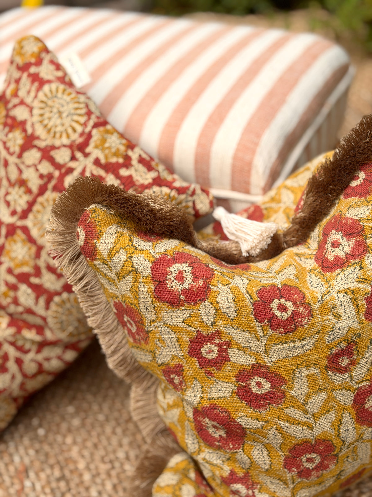 Handcrafted Cotton Block Print Square Cushion Cover with Full Fringe (45x45 cm)
